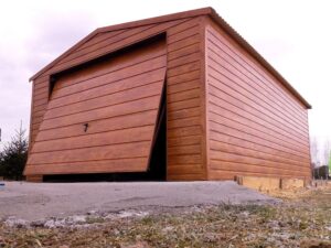 Blechgarage, holzähnlich, Giebel, Einzelstation, Flügeltor, goldene Eiche