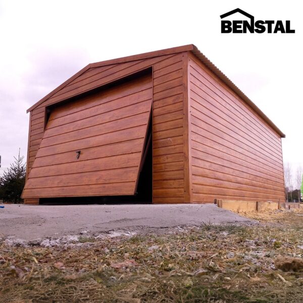 Blechgarage, holzähnlich, Giebel, Einzelstation, Flügeltor, goldene Eiche