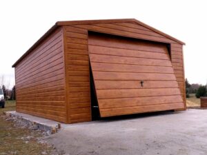 Blechgarage, holzähnlich, Giebel, Einzelstation, Flügeltor, goldene Eiche