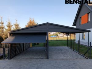 Blechgarage mit Dach, Anthrazit-Graphit, Satteldach, Flügeltor