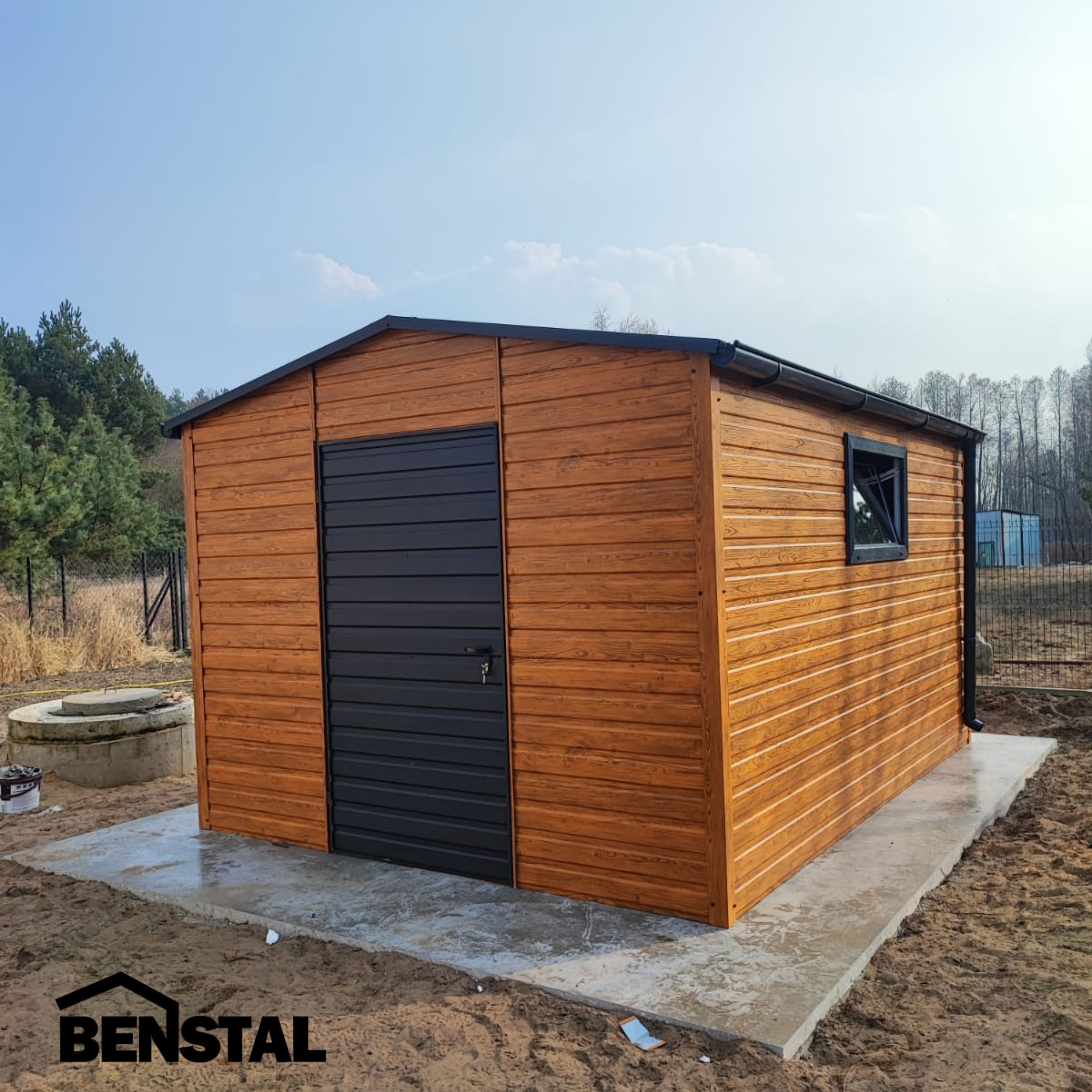 Gartenhaus Gerätehaus Holzoptik Goldeiche Giebelgarage Blech Einflügeltür Graphit