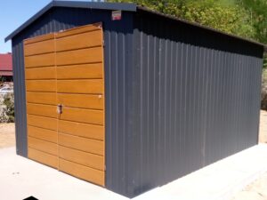 Metall-Pendelgarage, Anthrazit-Graphit, Einzelgarage, Tor Holzoptik, Goldeiche, zweiflügelig