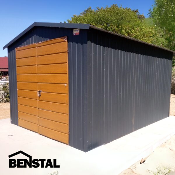 Metall-Pendelgarage, Anthrazit-Graphit, Einzelgarage, Tor Holzoptik, Goldeiche, zweiflügelig