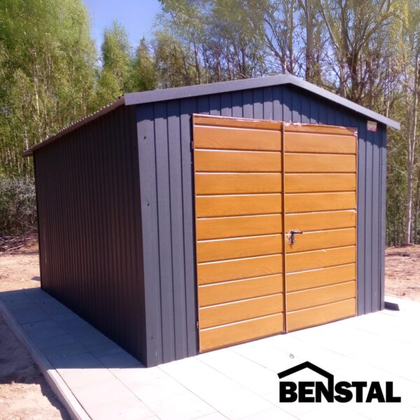 Metall-Pendelgarage, Anthrazit-Graphit, Einzelgarage, Tor Holzoptik, Goldeiche, zweiflügelig