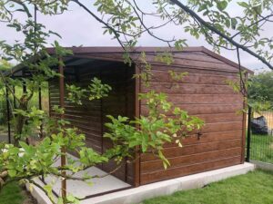 Metallgarage mit Vordach, Satteldach, Holzart Goldeiche, Flügeltor