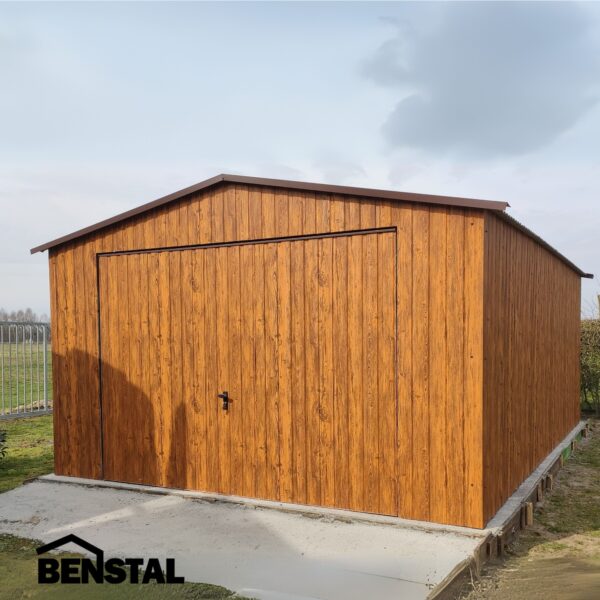 Blechgarage, holzähnliche goldene Eiche, Flügeltor, Giebel, Einzelwagen
