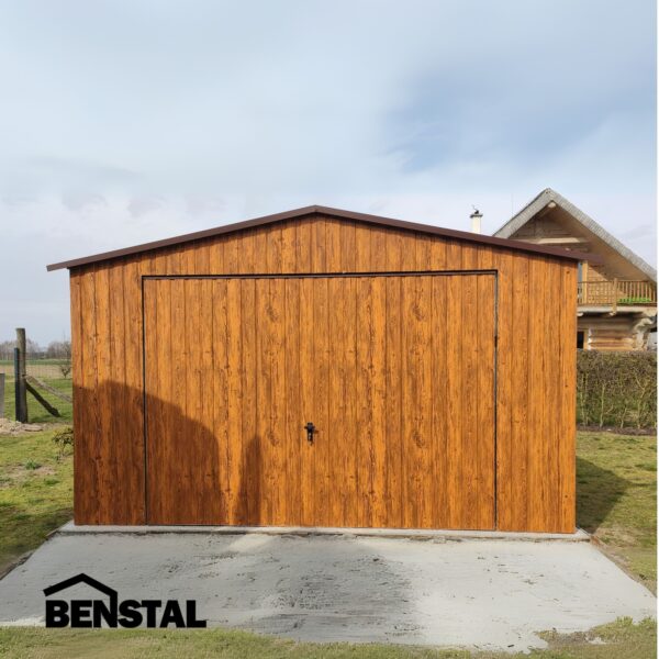 Blechgarage, holzähnliche goldene Eiche, Flügeltor, Giebel, Einzelwagen