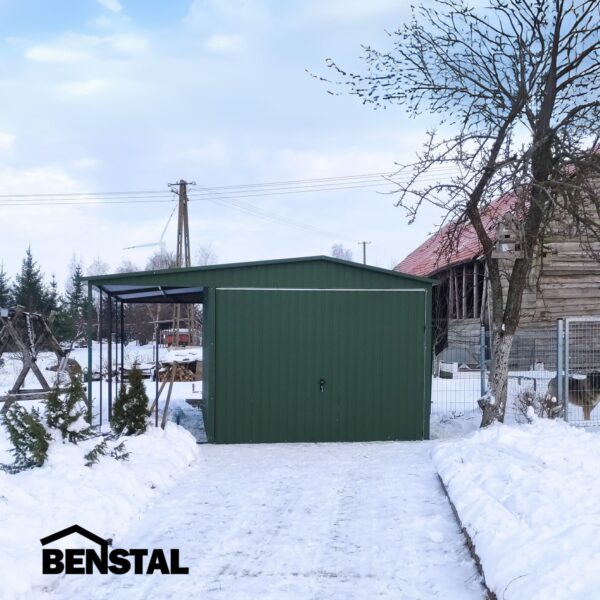 Blechgarage mit Vordach, Dach, grün, Giebel, Schwingtor