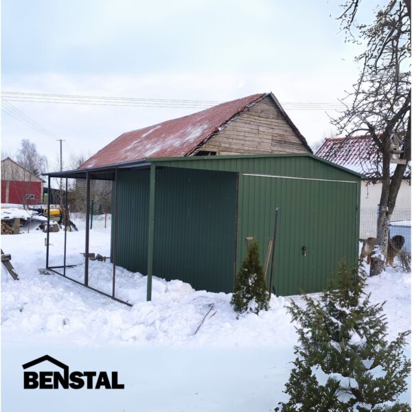 Blechgarage mit Vordach, Dach, grün, Giebel, Schwingtor