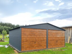 Doppelgarage aus Metall mit Satteldach, anthrazit, Flügeltor, Holzart Goldeiche
