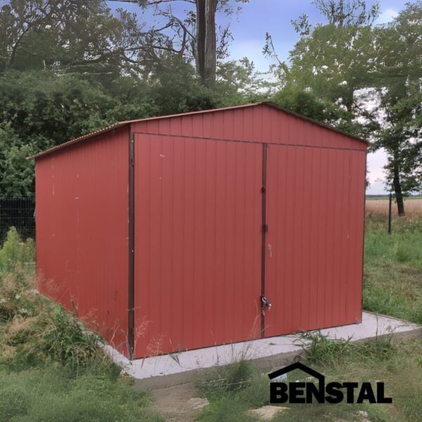 Einzelgarage aus Blech, burgunderrot, Giebel, Einzelstellplatz, Doppelflügeltor