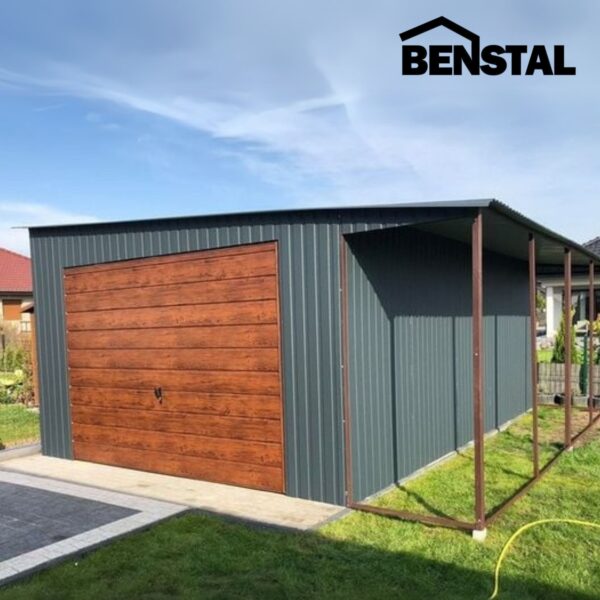 Einzelgarage aus Metall mit Vordach, seitliche Schräge, Antarktis-Graphit, Schwingtür, Holzoptik Golden Oak
