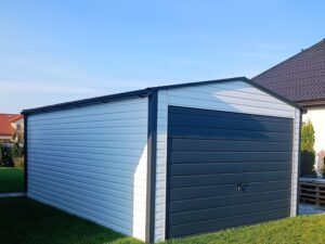 Blechgarage-Einzelgarage-Satteldach-Weiss-Schwingtor-Tuer-Anthrazit