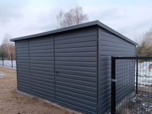 Blechgarage-Geraeteschuppens-Nuigung-nach-hinten-Anthrazit-Zweifluegeltor