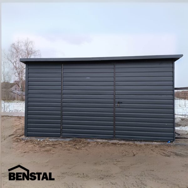 Blechgarage-Geraeteschuppens-Nuigung-nach-hinten-Anthrazit-Zweifluegeltor