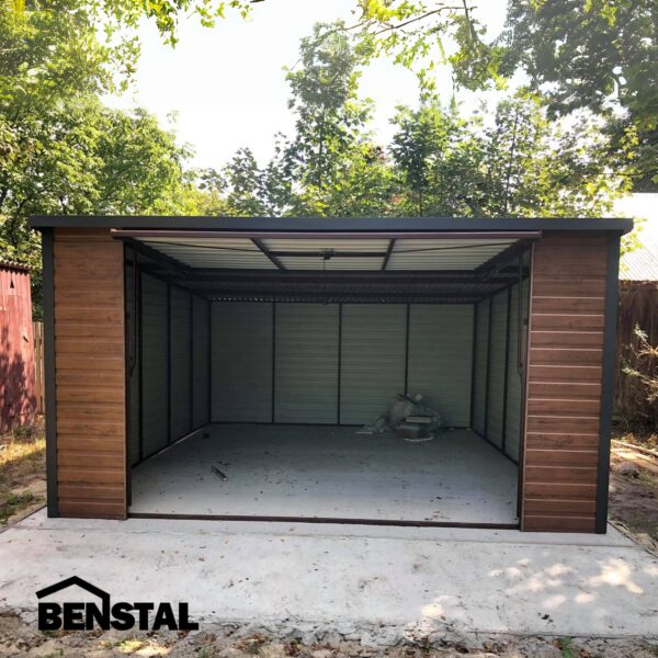 Blechgarage-Neigung-nach-hinten-Einzelgarage-Holzoptik-Schwingtor-Nussbaum