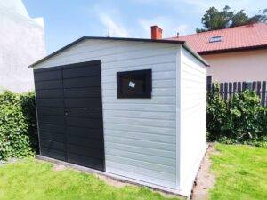 Blechgaragen-Holzaehnliche-Blechgaragen-Schwingtor-Haustuer-Gartenhaus-Werkzeugkasten-Blech