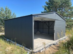 Doppelgarage-Blechgarage-Schwingtor-Anthrazit-Giebeldach
