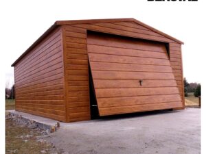 Holzaenliche-Blechgarage-Satteldach-Eizelgarage-Schwingtor-goldene-Eiche
